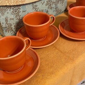 Fiesta Flamingo Orange Ceramic Cup and Saucer Set of four. No damage